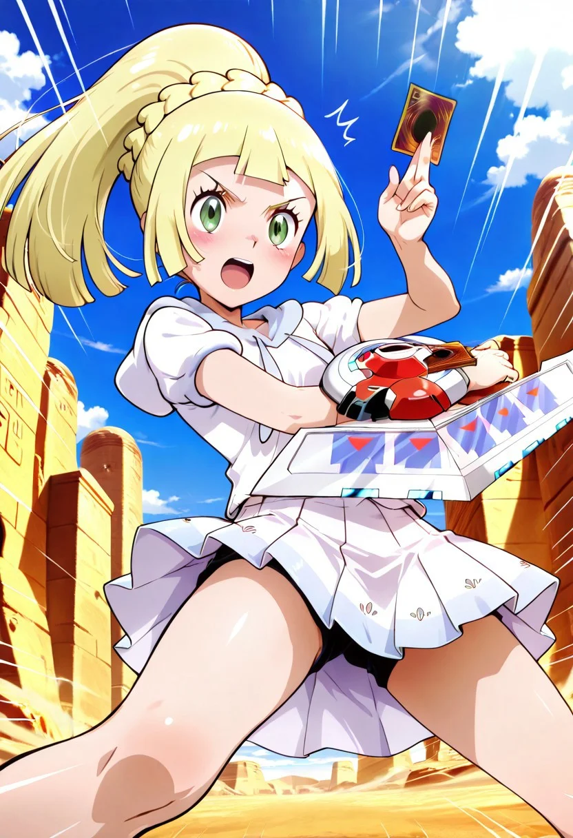 high quality,Expressiveh,very aesthetic, high resolution,perfecteyes,8k,1 girl,Sunny day,clear sky,in ancient egypt,BREAK,zzLillie, long hair, ponytail, French braid, white shirt, short sleeves, white skirt, pleated skirt,Duel_Disk,young,cute,petite,small,flat chest,excited,espressive face,facing the viewer, Dynamic pose,holding yugioh card, yugioh card,playing the card,putting the card on the field,BREAK, dynamic lines,action shot,movement,Speed Lines,motion lines,emphasis lines,action,sound effects,screen shake,dynamic pose, foreshortening, extreme perspective