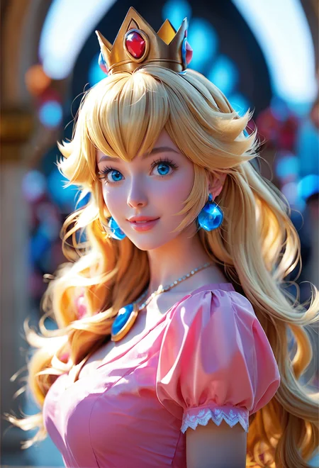 score_9, score_8_up, score_7_up, 1girl, solo, long hair, breasts, looking at viewer, smile, bangs, blue eyes, blonde hair, dress, jewelry, medium breasts, upper body, short sleeves, earrings, parted lips, blurry, lips, eyelashes, blurry background, crown, gem, pink dress, blue gemstone, princess peach