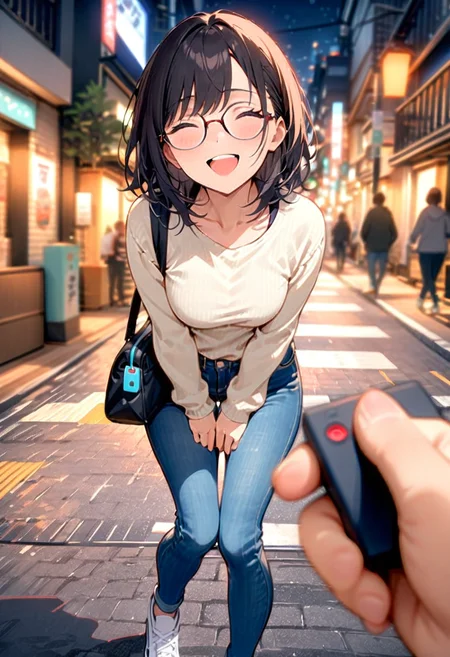 masterpiece, best quality, very aesthetic, absurdres,
1girl, solo, glasses, black hair, medium hair, medium breasts, casual style, jeans, t-shirts, sneakers, hoodies, simple accessories, comfortable clothing, bag, laughing, looking at viewer,
remote controller, remote control, holding, pov, street, city lights, cityscape, lamppost,
<lora:remocon_SDXL_V2:0.8>