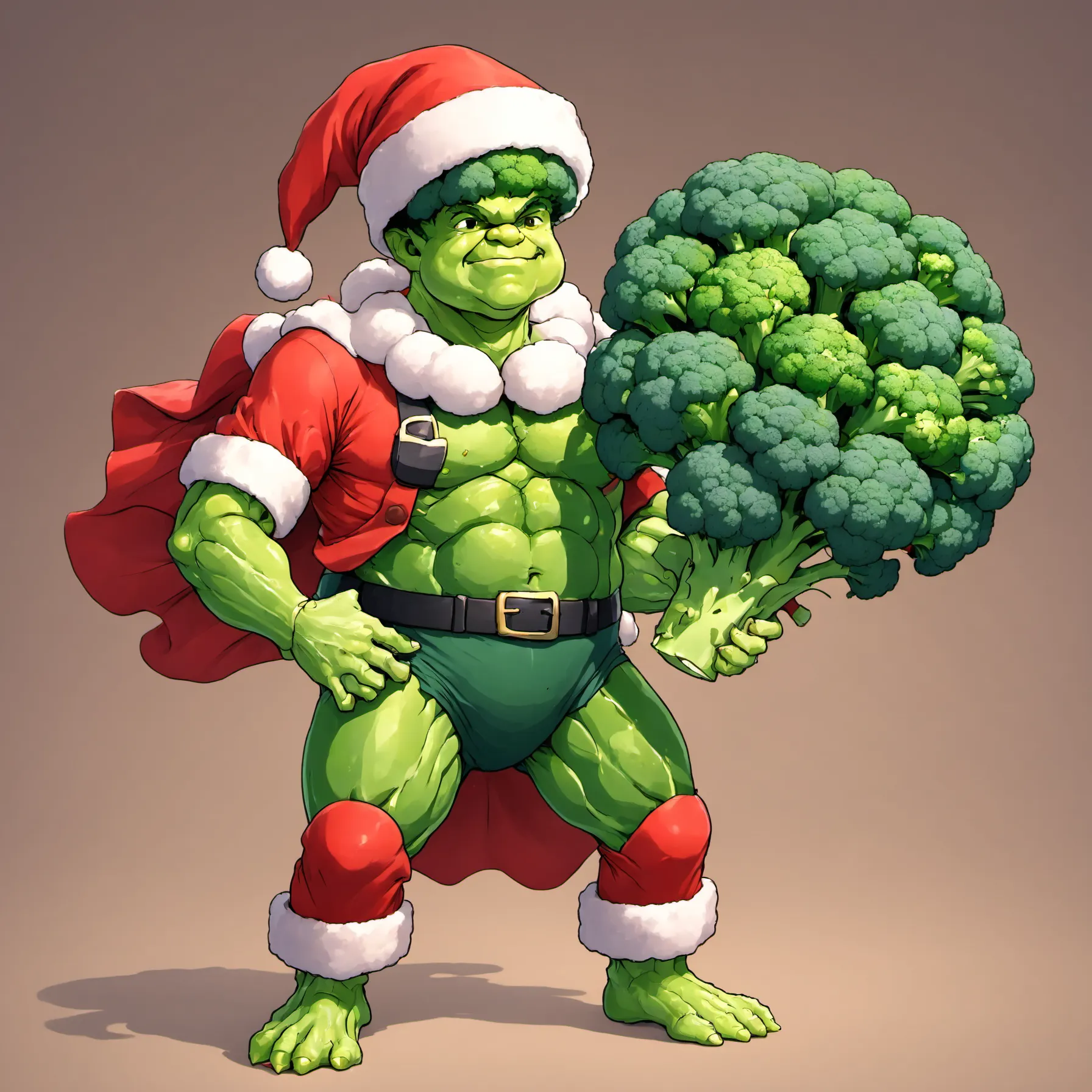 <lora:xmas-broccoli-man:0.8>xmasbroccoliman,He handed over broccoli as a gift in city.