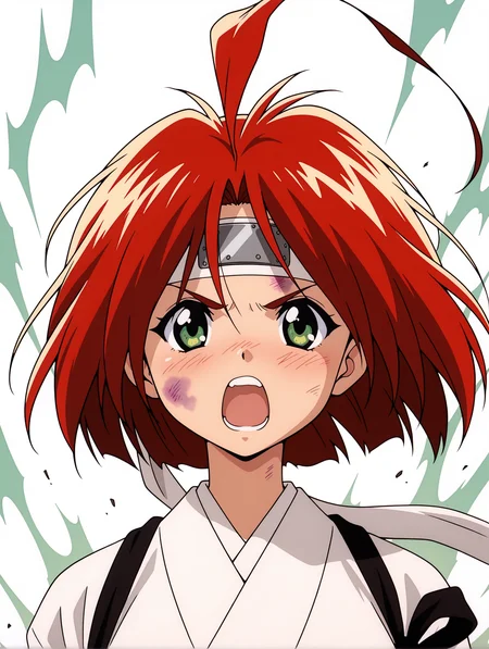 masterpiece,best quality,newest,
1girl,solo,
anime screencap,<lora:hinageshi_ilxl_v1.1:1>,hinageshi,ahoge,green eyes,h_b_clothes,headband,miko,sleeves rolled up,tasuki,
<lora:Fixhands_anime_bdsqlsz_V1:1>,looking_at_viewer,upper_body,face_focus,light_blush,white_background,simple_background,front view,portrait,serious,shouting,(aura effect:1.2),(((bruise on body:1.2))),
