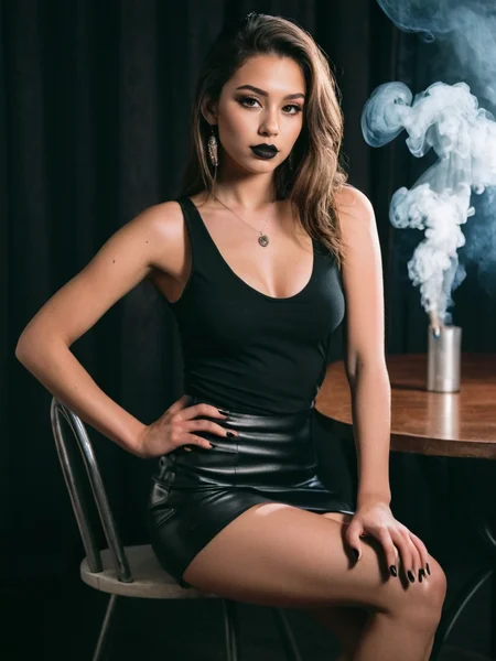 Analog photo of a woman looking like Annie_Crow_P_MXAI_SDXL , provocative, classy skirt, sexy lacing black tank top, stiletto shoes, smoke in the background, seated on a table, crossed legs, shadows, provocative makeup, intense gaze,
