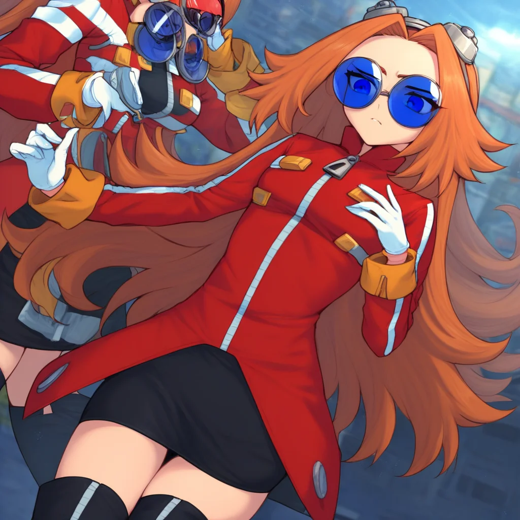 1girl, solo focus, blue eyes, orange hair, long hair, parted bangs, sunglasses, round eyewear, blue-tinted eyewear, goggles, goggles on head, jacket, red jacket, long sleeves, thighhighs, black thighhighs, white gloves, skirt, black skirt, thigh boots, zettai ryouiki, zipper pull tab,