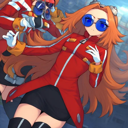 1girl, solo focus, blue eyes, orange hair, long hair, parted bangs, sunglasses, round eyewear, blue-tinted eyewear, goggles, goggles on head, jacket, red jacket, long sleeves, thighhighs, black thighhighs, white gloves, skirt, black skirt, thigh boots, zettai ryouiki, zipper pull tab,