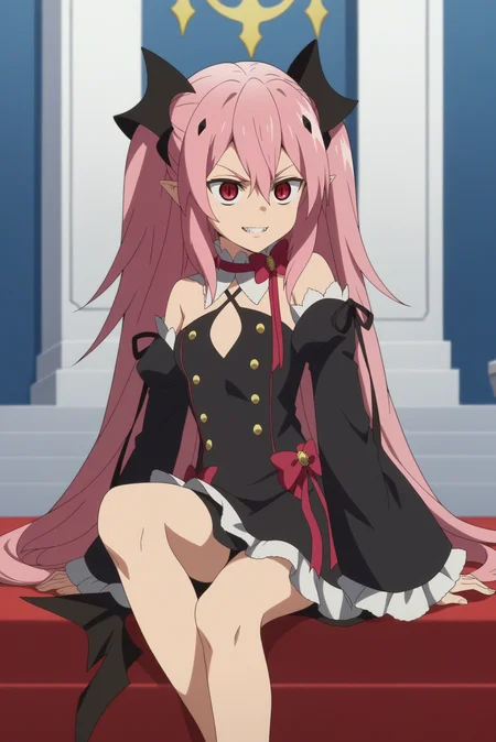 1girl,solo,krul tepes,pointy ears,smile,parody,long hair,detached sleeves,black footwear,from bottom,vampire,sit on a chair,black chair,teeth,clenched teeth,bare shoulders, ribbon,black dress,hair ornament,indoors,castle,split eyes <lora:Krul_Tepes_-_Owari_no_Seraph.safetensors:0.8>