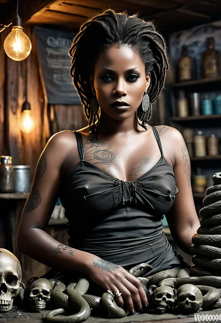 eye catching, majestic sex African American woman, Donna MILF, African-American MILF, curvy, porrait of female voodoo witchdoctor dressed in rags with tattoos on her face in a shack with a (voodoo doll:1.2), snakes, swamp, atmospheric, cinematic lighting, dynamic lighting, using a voodoo doll, [(voodoo doll:1.2)], [rag clothing], macabre,  dreadlocks,
photorealistic, high detail, detailed,  the counter is littered with books and a large skull, she gives the viewer an intense look, as smoke rises behind her,Wearing <clothes that make sense with Braless>, braless, covered nipples, black dress
