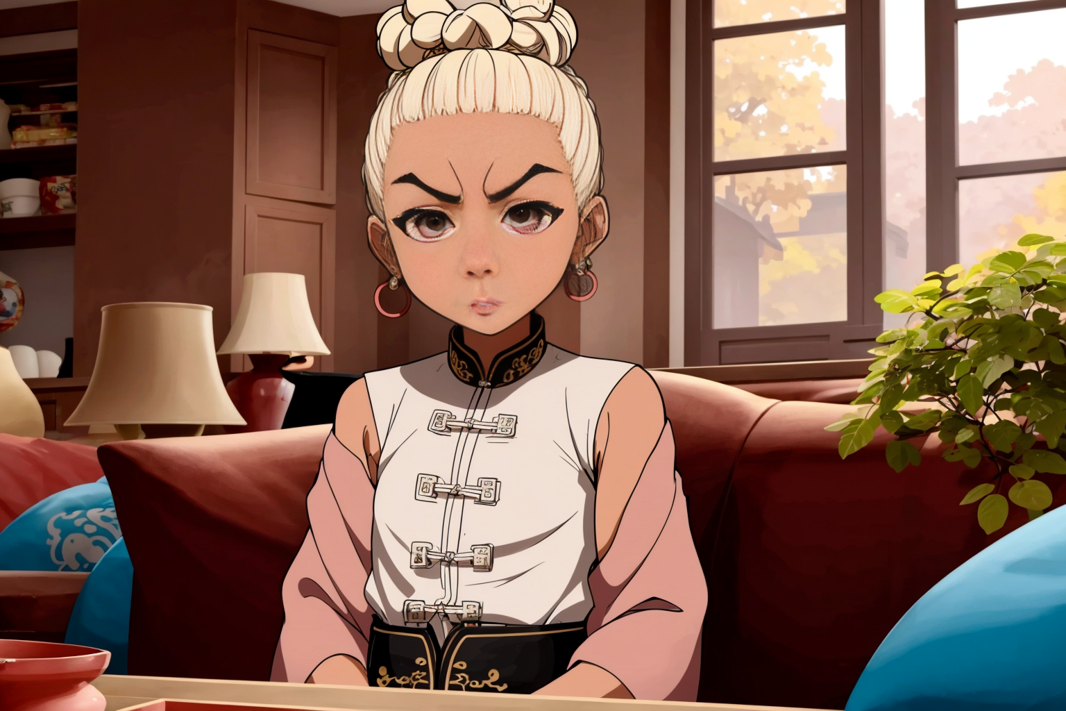 a Han Chinese 27 years old woman Blonde Top Knot, sitting in a couch in the living room, well draw eyes and eye pupil , EdobBoondocksArtStyle  <lora:EdobBoondocksArtStyle_v1.0:0.8>