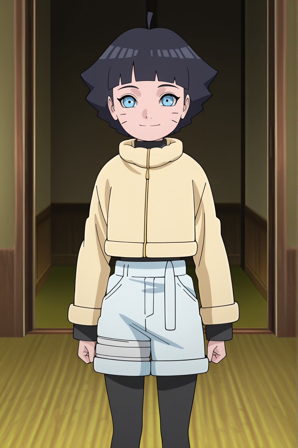 masterpiece, best quality, absurdres, highres, very aesthetic, very awa, BREAK, anime coloring, anime screencap,
 <lora:uzumaki_himawari_v2-illustrious_r1:1>,1girl, uzumaki himawari, boruto: naruto next generations, black hair, whisker markings, short hair, ahoge, blue eyes,
BREAK, looking at viewer, smile, 
BREAK, himagen, yellow jacket, turtleneck, long sleeves, shorts, leggings,