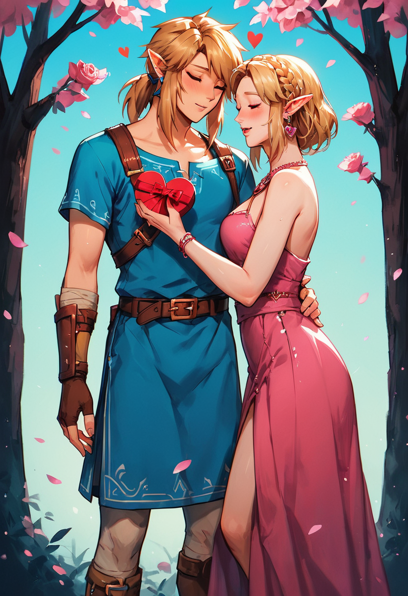 score_9, score_8_up, score_7_up, (couple), 1boy, 1girl, Zelda, kneeling, blonde hair, flowing pink gown, (box of chocolates), link, standing, blue tunic, white trim, Valentine's Day, (heart-shaped box), castle courtyard, kind, affectionate, shy, happy, romantic, fairytale, soft colors, delicate details, magical glow, soft focus, dreamlike, red rose <lora:add-detail-xl:1>,  <lora:g0th1cPXL:1>