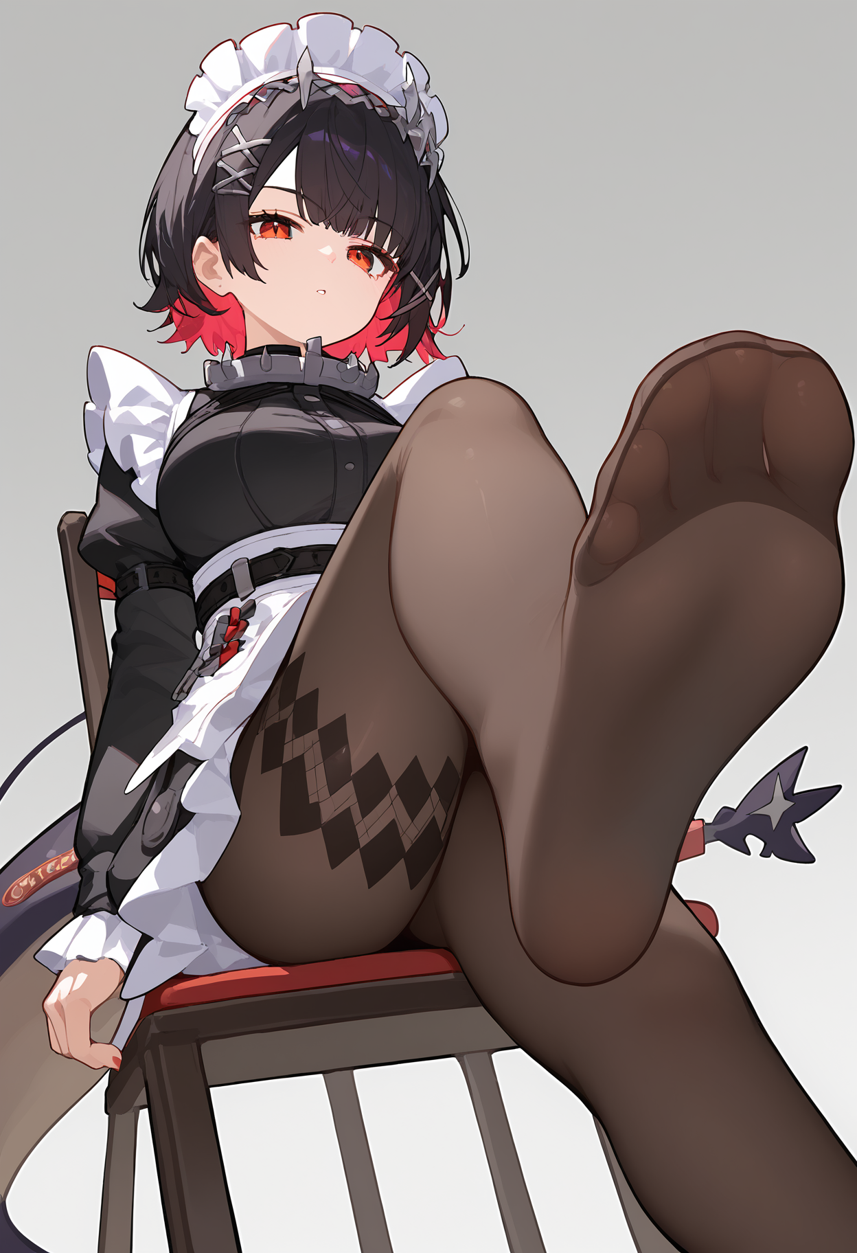 score_9, score_8_up, score_7_up, score_6_up, score_5_up, source_anime, vivid colors,
1girl, solo, ellen joe, short hair, hair ornament, x hair ornament, maid, maid headdress, pantyhose, closed mouth, parted lips, medium breasts, tail, sitting, crossed, legs, on chair, soles, presenting foot, foot focus,  simple background,
from below,
<lora:ellen_joe:1>