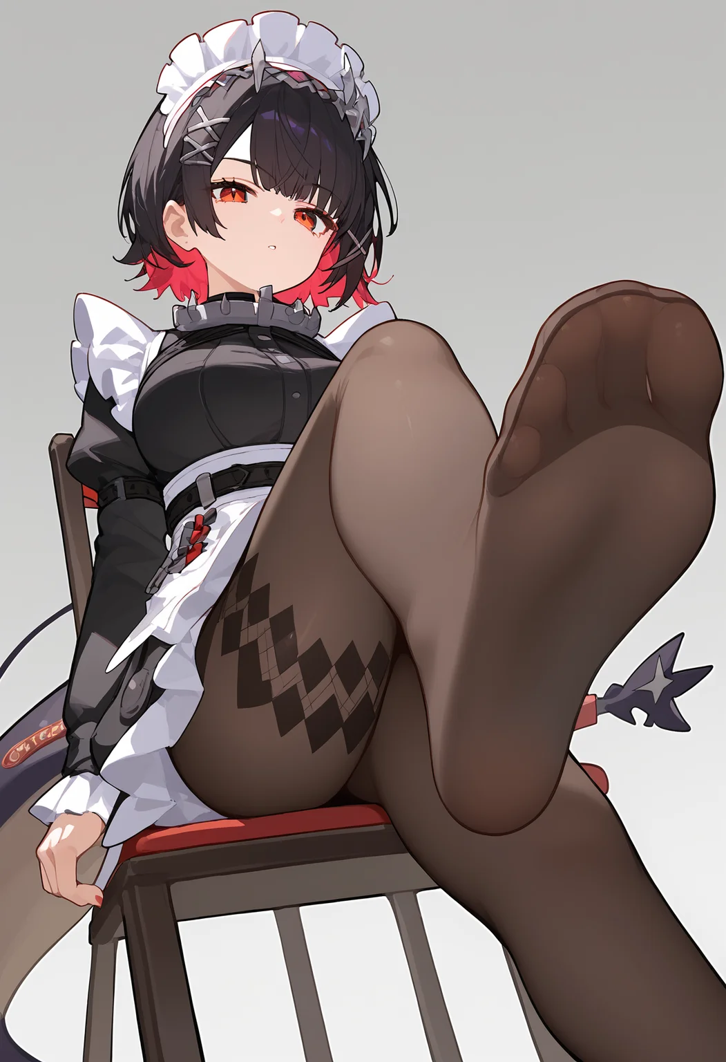 score_9, score_8_up, score_7_up, score_6_up, score_5_up, source_anime, vivid colors,
1girl, solo, ellen joe, short hair, hair ornament, x hair ornament, maid, maid headdress, pantyhose, closed mouth, parted lips, medium breasts, tail, sitting, crossed, legs, on chair, soles, presenting foot, foot focus,  simple background,
from below,
<lora:ellen_joe:1>