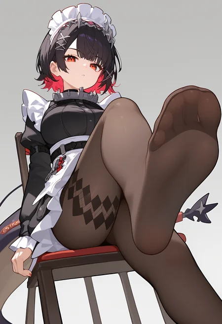score_9, score_8_up, score_7_up, score_6_up, score_5_up, source_anime, vivid colors,
1girl, solo, ellen joe, short hair, hair ornament, x hair ornament, maid, maid headdress, pantyhose, closed mouth, parted lips, medium breasts, tail, sitting, crossed, legs, on chair, soles, presenting foot, foot focus, simple background,
from below,
<lora:ellen_joe:1>