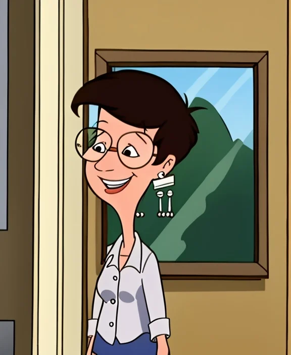 <lora:what_about_mimi-16:0.9>, 1girl, solo, mother, brown hair, jewelry, earrings, glasses, smiling,