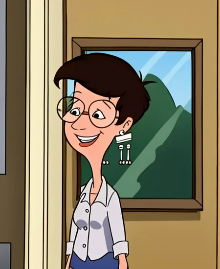 <lora:what_about_mimi-16:0.9>, 1girl, solo, mother, brown hair, jewelry, earrings, glasses, smiling,