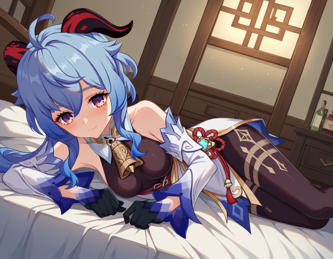 score_9, score_8_up, score_7_up, source_anime,
ganyu, <lora:genshin-ganyu-ingame-ponyxl-lora-nochekaiser:1>,
ganyu, blue hair, goat horns, horns, long hair, purple eyes, sidelocks, smile,
gloves, bare shoulders, detached sleeves, black gloves, bell, bodysuit, neck bell, black bodysuit, vision \(genshin impact\), bodystocking, cowbell, chinese knot,
indoors, bed, bed room, on side, blush, drunk,
looking at viewer, cowboy shot, dutch angle,