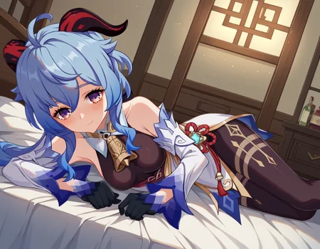 score_9, score_8_up, score_7_up, source_anime,
ganyu, <lora:genshin-ganyu-ingame-ponyxl-lora-nochekaiser:1>,
ganyu, blue hair, goat horns, horns, long hair, purple eyes, sidelocks, smile,
gloves, bare shoulders, detached sleeves, black gloves, bell, bodysuit, neck bell, black bodysuit, vision \(genshin impact\), bodystocking, cowbell, chinese knot,
indoors, bed, bed room, on side, blush, drunk,
looking at viewer, cowboy shot, dutch angle,