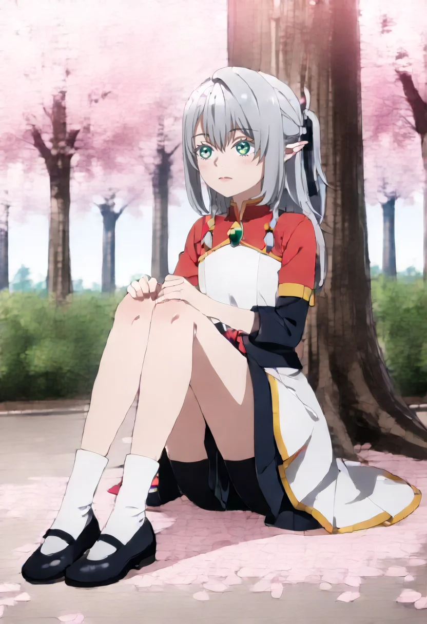 <lora:Young Tessia_IL:1>Young Tessia, 1girl, gray hair, pointed ears, elf, green eyes, white asymmetrical dress with yellow trim, red sash waist tie, black long-sleeve undershirt, green gem pendant necklace, white thigh-high socks, black crisscross strap shoes
City avenue lined with cherry blossom trees Seated elegance: Sitting with legs crossed and a relaxed posture. surprise