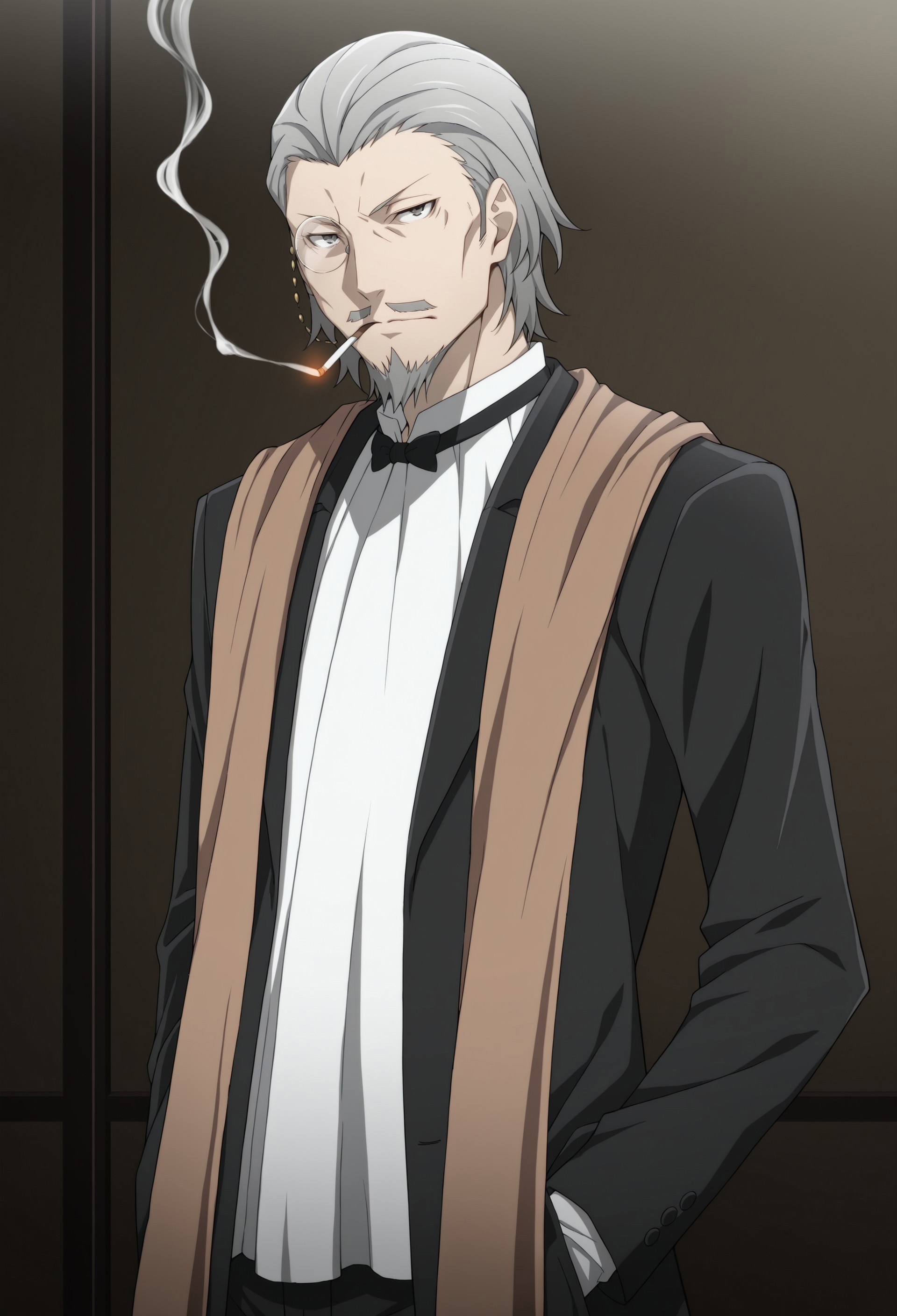 solo, masterpiece, modern, new, 1boy, male, masculine face, daddy looking face,

BSDHirotsu, grey hair, mustache, beard, monocle, bow, scarf, bow, white shirt, black coat, standing, looking at viewer, smoking