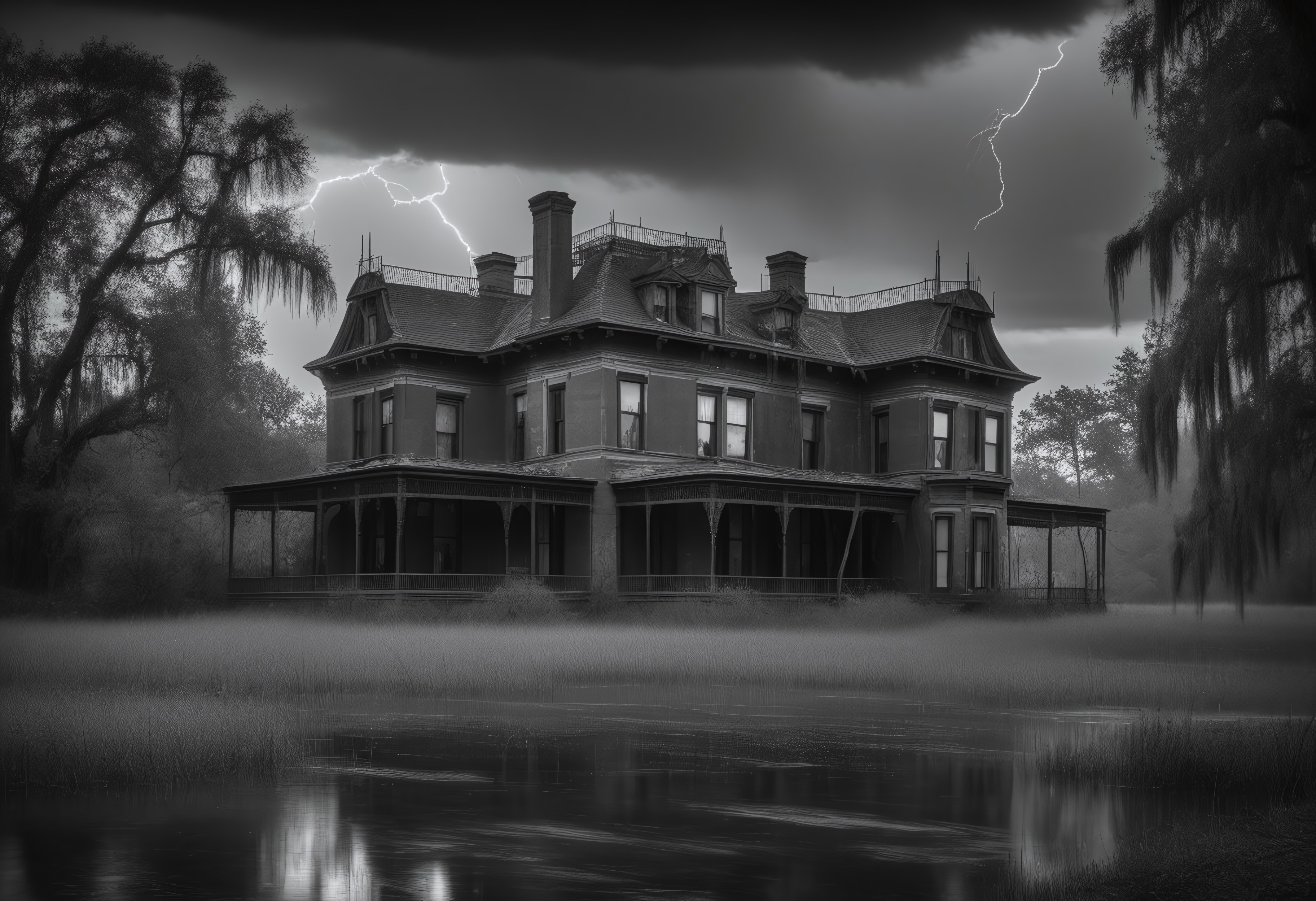 score_9, score_8_up, score_7_up, score_6_up, score_5_up, masterpiece, best quality, absurdres, BREAK, abandoned victorian mansion, shattered windows, willow trees, cypress swamp in the background, thunderstorm, lightning, wrought iron fence, black and white photo