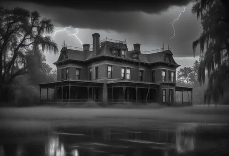 score_9, score_8_up, score_7_up, score_6_up, score_5_up, masterpiece, best quality, absurdres, BREAK, abandoned victorian mansion, shattered windows, willow trees, cypress swamp in the background, thunderstorm, lightning, wrought iron fence, black and white photo
