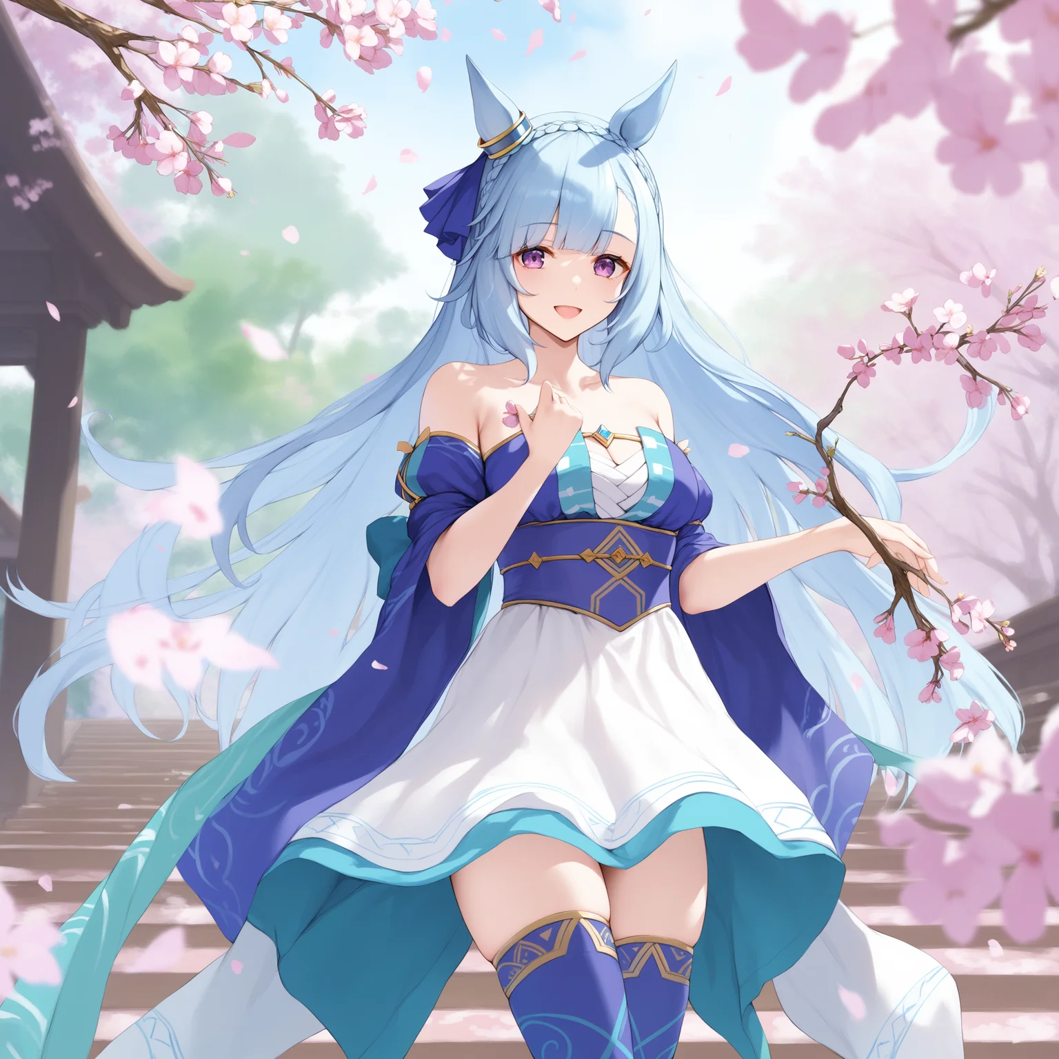 score_9, score_8_up, score_7_up, source_anime, 2D, anime BREAK
PFN, 1girl, solo, long hair, breasts, looking at viewer, smile, open mouth, bangs, dress, holding, animal ears, bare shoulders, very long hair, blue hair, standing, purple eyes, braid, flower, cowboy shot, horse ears, cherry blossoms, horse girl, shawl, stairs, branch, crown braid, blue thighhighs,
<lora:mejiro_ardan-ponyXL-000006:0.8>,