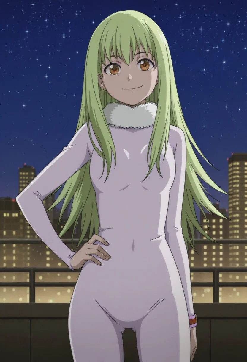 masterpiece,perfect quality,best quality,absolutely eye-catching,absurdres,highres,newest,anime coloring, anime screencap,(1girl,solo), Amber_Teen, Teenager, green hair, brown eyes, long hair, white bodysuit, fur collar, looking at viewer, hand on hip, standing, smile, city, tokyo, night, skyline, stars, sky, night sky, starry sky