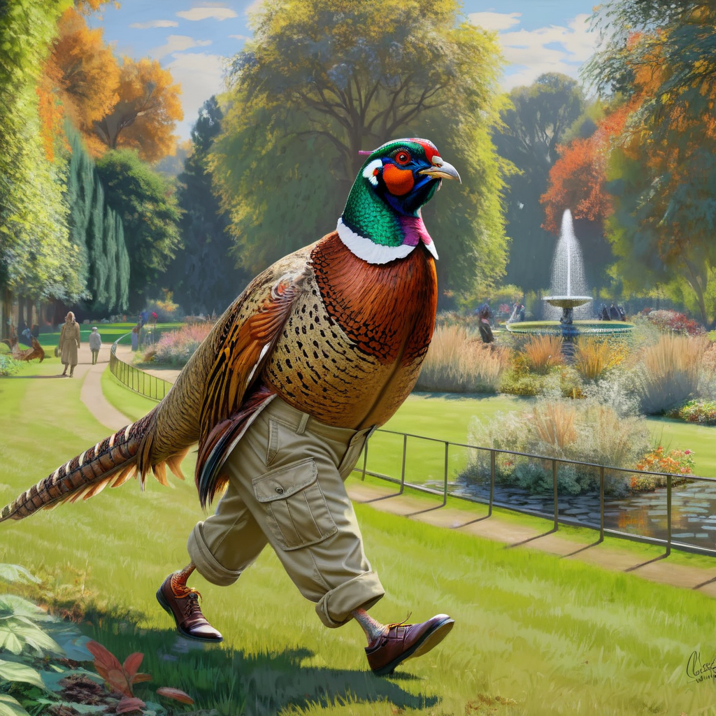 pheasant wearing khaki pants, walking in the park, in the style of (claude monet: 1.3), 8k, realistic
