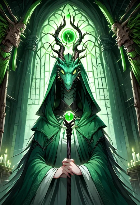 (Dragon h3ad priestess wearing a green cloaks:1.3), staff, inside temple, soft lighting
<lora:add_detail:0.5>, animal_head, orbstaff, gothic horror,
