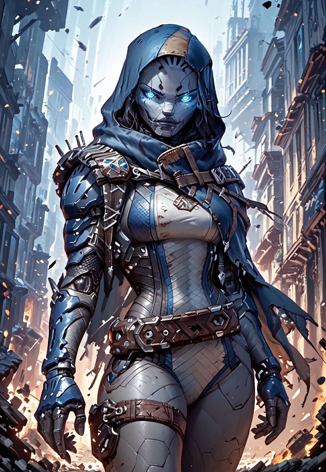 ((zPDXL3)), ((masterpiece,best quality, highly detailed)), ((score_9)), score_8_up, score_7_up, score_6_up, score_5_up, score_4_up, Digital painting style, brushstrokes, ((EnhanceImage)), solo, 1girl, blue eyes, breasts, thighs, robot, hood, hood up, bodysuit, belt, thigh strap, cape, gray skin, glowing eyes, colored skin,
Expressiveh, 30yo, 
animated, evoking motion, conveying motion, dynamic splash art, ((handfixer)), four fingers, one thumb, detailed background, city,
<lora:PainterlyFantasiaPDXL:0.6>,
