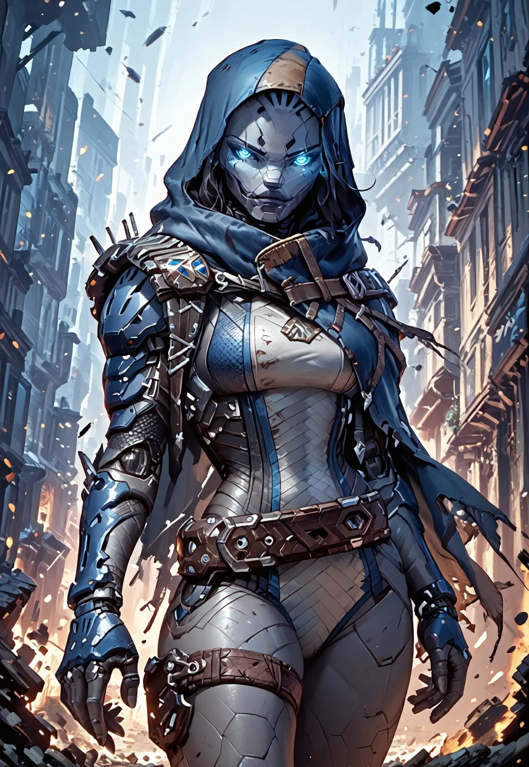 ((zPDXL3)), ((masterpiece,best quality, highly detailed)), ((score_9)), score_8_up, score_7_up, score_6_up, score_5_up, score_4_up, Digital painting style, brushstrokes, ((EnhanceImage)), solo, 1girl, blue eyes, breasts, thighs, robot, hood, hood up, bodysuit, belt, thigh strap, cape, gray skin, glowing eyes, colored skin,
Expressiveh, 30yo,
animated, evoking motion, conveying motion, dynamic splash art, ((handfixer)), four fingers, one thumb, detailed background, city,
<lora:PainterlyFantasiaPDXL:0.6>,