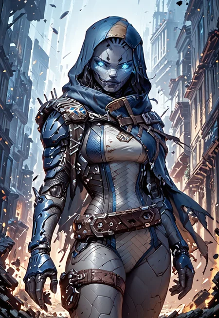 ((zPDXL3)), ((masterpiece,best quality, highly detailed)), ((score_9)), score_8_up, score_7_up, score_6_up, score_5_up, score_4_up, Digital painting style, brushstrokes, ((EnhanceImage)), solo, 1girl, blue eyes, breasts, thighs, robot, hood, hood up, bodysuit, belt, thigh strap, cape, gray skin, glowing eyes, colored skin,
Expressiveh, 30yo,
animated, evoking motion, conveying motion, dynamic splash art, ((handfixer)), four fingers, one thumb, detailed background, city,
<lora:PainterlyFantasiaPDXL:0.6>,