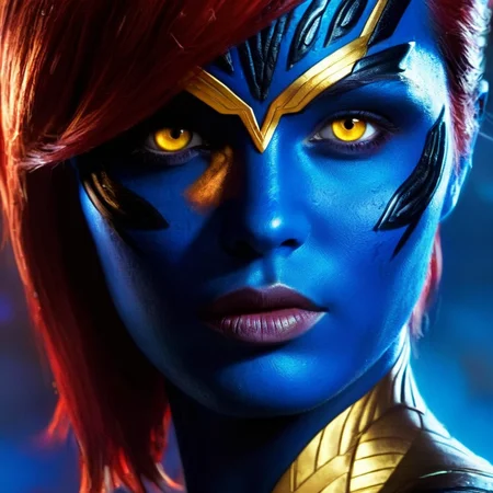 concept art of <lora:Mystique X-Men:1>
Mystique X-Men a closeup of a woman with red hair and yellow eyes and blue body, digital artwork, illustrative, painterly, matte painting, highly detailed