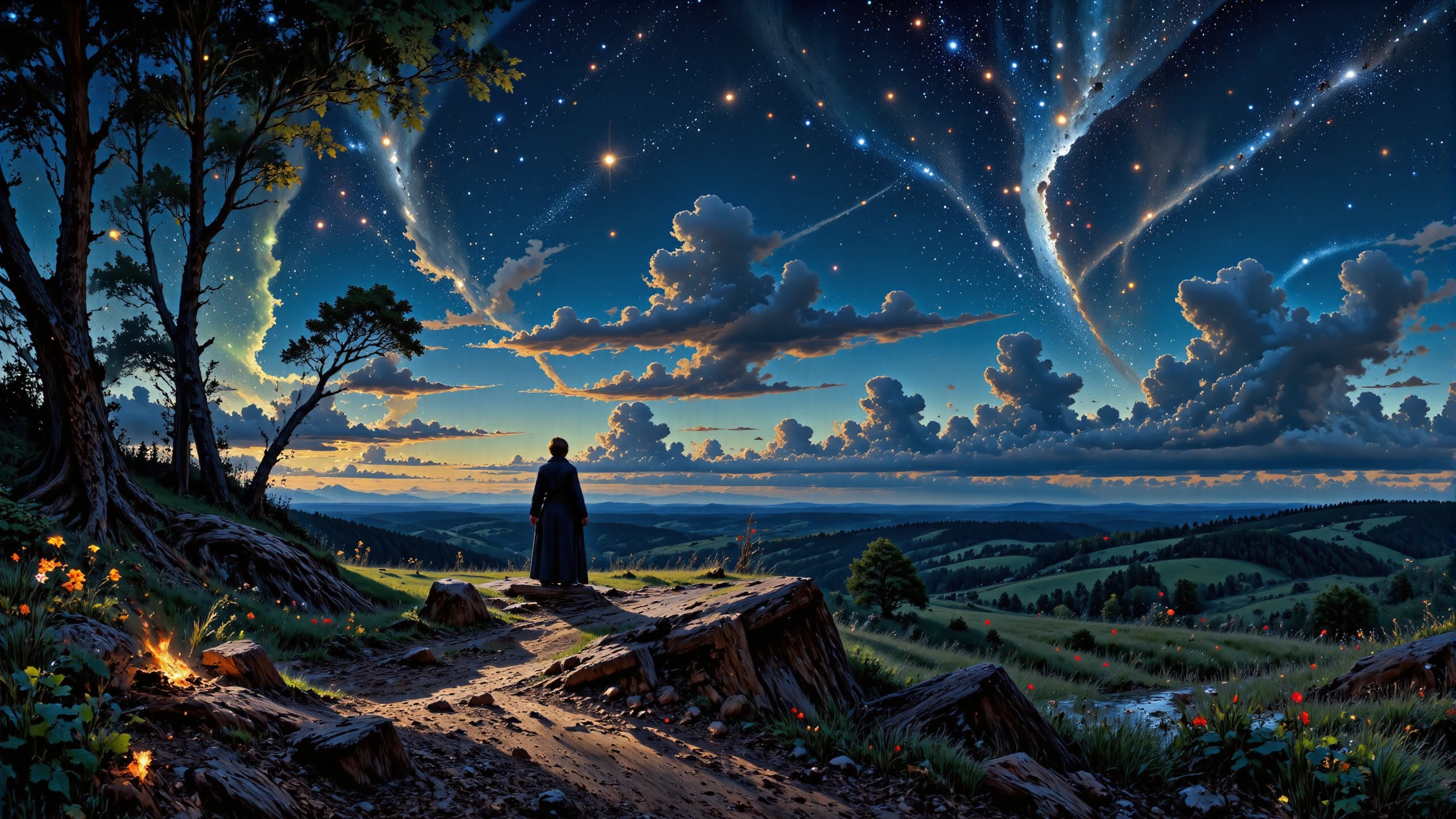 (night sky:1.3),  beautiful (Finnish) fantasy landscape,  evening, woman, intricate, very detailed, sharp, colorful, <lora:Hand v2:1> <lora:Anti-Blur:1> <lora:Insane Detail Slider:0.5>   <lora:Flux.1_Turbo_Detailer:0.6> <lora:flux-photo-transparent_Alpha_1.0:0.8> <lora:flux.1_lora_flyway_Epic-detail_v2:0.6> <lora:Painterly01b_CE_FLUX_AIT:0.8> pntrlyCE_style, <lora:VividlySurreal:0.8>, <lora:FluxMythP0rtr4itStyle:0.8> mythp0rt