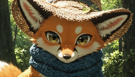 texture (masterpiece:1.1), (highest quality:1.1), (HDR:1.0), (masterpiece photo:1.3) of (ultra detailed look:1.3), (cosy:1), a cute and adorable fox, in forest, close up, detailed eyes, sharp focus, blue scarf, cute hat, (airy colors) top down close-up