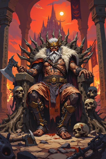 A Barbarian King on a Throne of Bones â Seated atop a massive throne made entirely of fused skulls and colossal rib bones, a barbarian king with a wild mane of silver hair and glowing amber eyes glares forward with an expression of brutal dominance. His fur-lined cloak, ragged and stained with battle, drapes over his massive shoulders, revealing arms covered in tribal scars that tell the stories of countless wars. His left hand grips the pommel of an enormous battle-axe, its blade still slick with fresh crimson, while his right hand rests lazily on the armrest, fingers idly tracing the cracks in the bones beneath them. Around him, towering stone pillars, carved with ancient war glyphs, rise toward a sky stained red with the light of a burning sun. The ground is littered with shattered weapons and rusted armor, remnants of those who dared to challenge his reign. Beyond the throne, the silhouette of a fortress carved into the side of a jagged mountain looms in the distance, its fires burning like the eyes of a beast. The kingâs breath is slow and measured, his golden crown dented and wornâless a symbol of royalty, and more a trophy of survival. The throne room is silent, save for the occasional gust of wind that stirs the banners above, whispering of bloodshed and victory. DB4RZ, DB4RZ style painting, NeoPigma, in the style of cksc, anime, cyberpunk, a masterpiece, award winning,<lora:CPA:0.5><lora:FLUX-daubrez-DB4RZ:0.3><lora:NeoPigmaV3:0.35><lora:ck-shadow-circuit-000021:0.35>