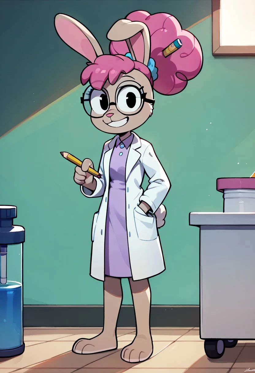 score_9, score_8_up, score_7_up BREAK DrAnnabelle, 1girl, anthro bunny, light brown fur, pink nose, pink curly hair, ponytail, pencil stuck in hair, light purple scrunchie, black eyes, glasses, white lab coat, light purple undershirt, full body, smiling at viewer,