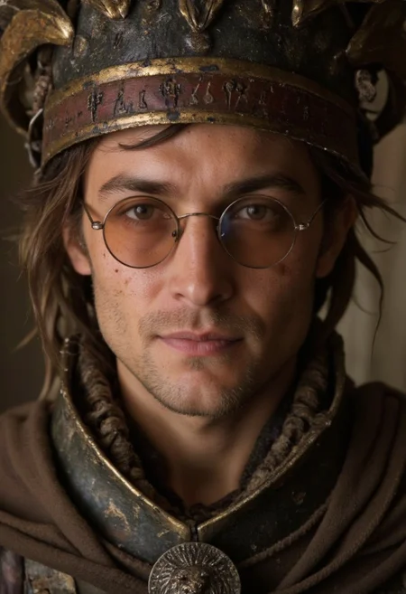 A vintage close-up portrait of Ramses, now reimagined with the distinct features of John Lennon, blending the iconic musician's gentle charisma with the regal and battle-hardened essence of a European warrior king. His face retains a rugged, chiseled look, softened by Lennon’s signature round spectacles that catch the warm, moody light of a setting sun. His lips are weathered but kind, with a faint scar adding a touch of warrior stoicism. His steel-gray eyes, sharp and piercing, are framed by bold black kohl lines that extend outward, adding a sense of depth and mystery to his gaze.
A smudge of ash streaks across his high cheekbones, accentuating the lines of his angular jaw. His complexion, bronzed and textured, glistens faintly with sweat, suggesting a life shaped by both artistic passion and the harsh realities of war. His hair, shoulder-length and tousled, features streaks of gray amidst its damp waves, falling naturally in a way that frames his serene yet determined face.
Ramses wears a battered iron crown entwined with leather straps, its surface marked with ancient symbols, now a nod to both timeless wisdom and the resilience of a creative soul. His weathered cloak drapes over broad shoulders, fastened by a tarnished brooch shaped like a roaring lion, exuding quiet power.