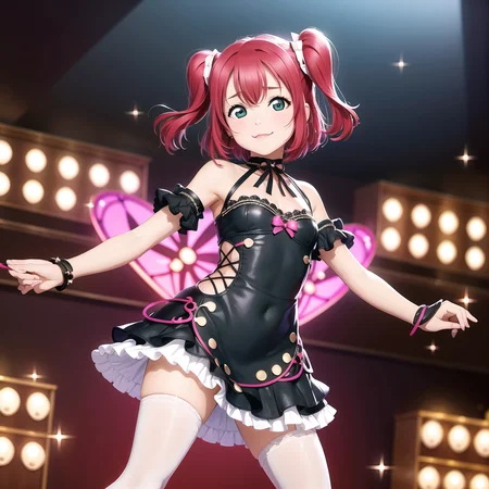 best quality, ultra high res, 1girl, solo focus, ((mini see through dress)), elbow dress, black thighhighs, frills, ribbons, studio background,floating hair, looking at viewer, facing front,