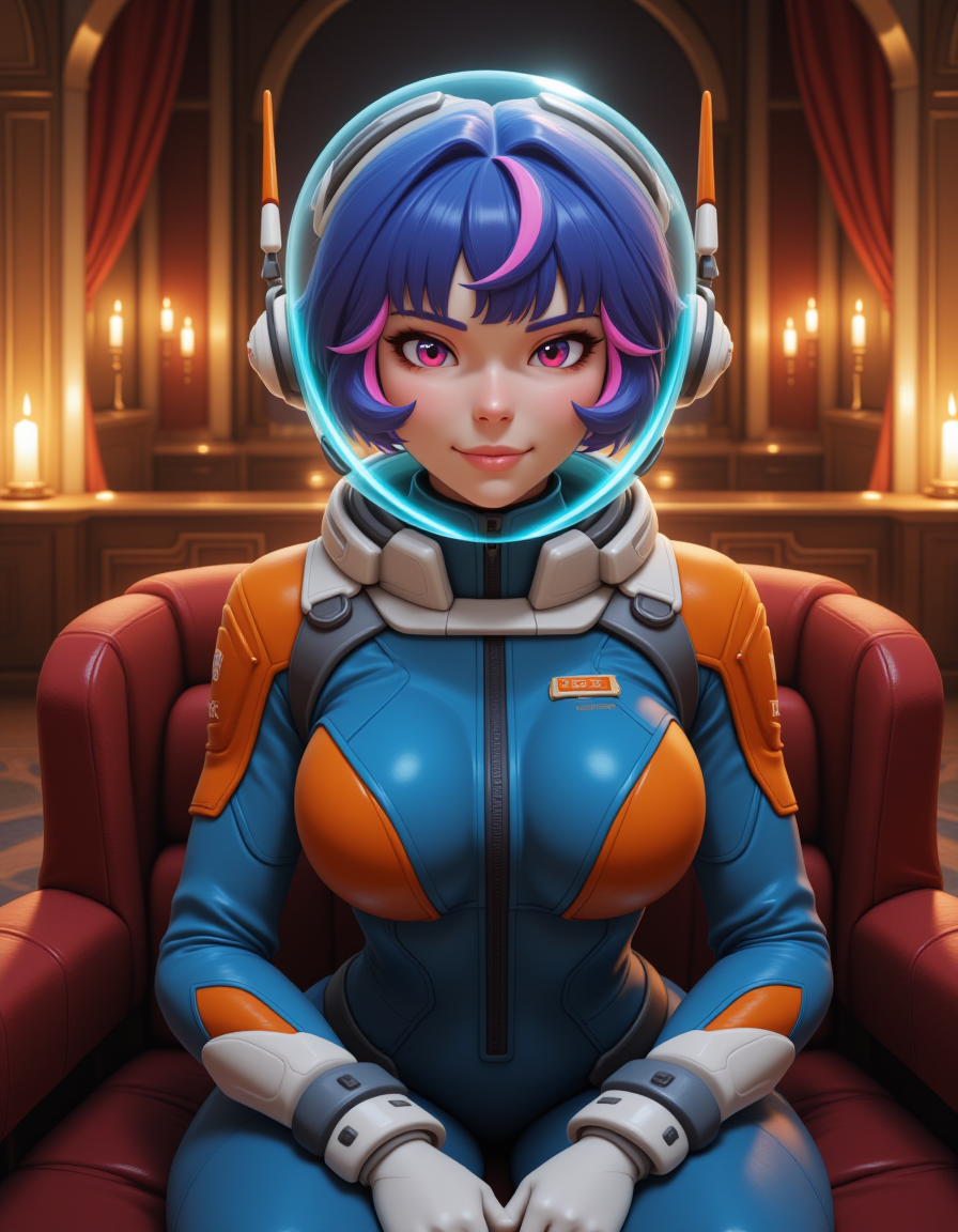 wide shot, looking at viewer, outdoors daylight,
 <lora:Overwatch_-_Juno_v2-000030:1> o-juno a 20 year old adult woman with purple eyes and multicolored hair with bangs
a young woman with short blue hair and pink highlights, wearing a form-fitting blue and orange space suit with a transparent, blue-tinted helmet, white gloves
328. Resting on a velvet couch in a candlelit lounge, with a bashful smile, with rich fabrics behind