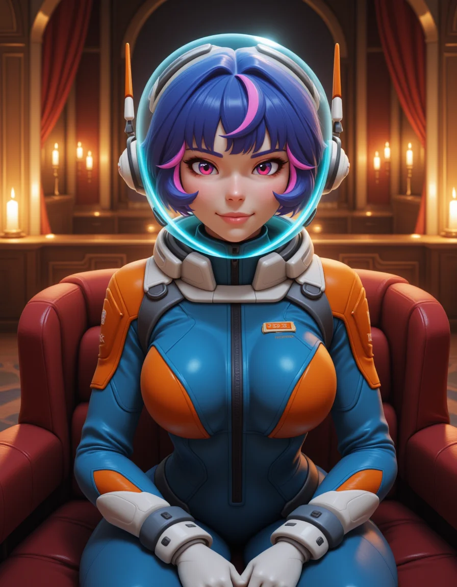 wide shot, looking at viewer, outdoors daylight,
<lora:Overwatch_-_Juno_v2-000030:1> o-juno a 20 year old adult woman with purple eyes and multicolored hair with bangs
a young woman with short blue hair and pink highlights, wearing a form-fitting blue and orange space suit with a transparent, blue-tinted helmet, white gloves
328. Resting on a velvet couch in a candlelit lounge, with a bashful smile, with rich fabrics behind