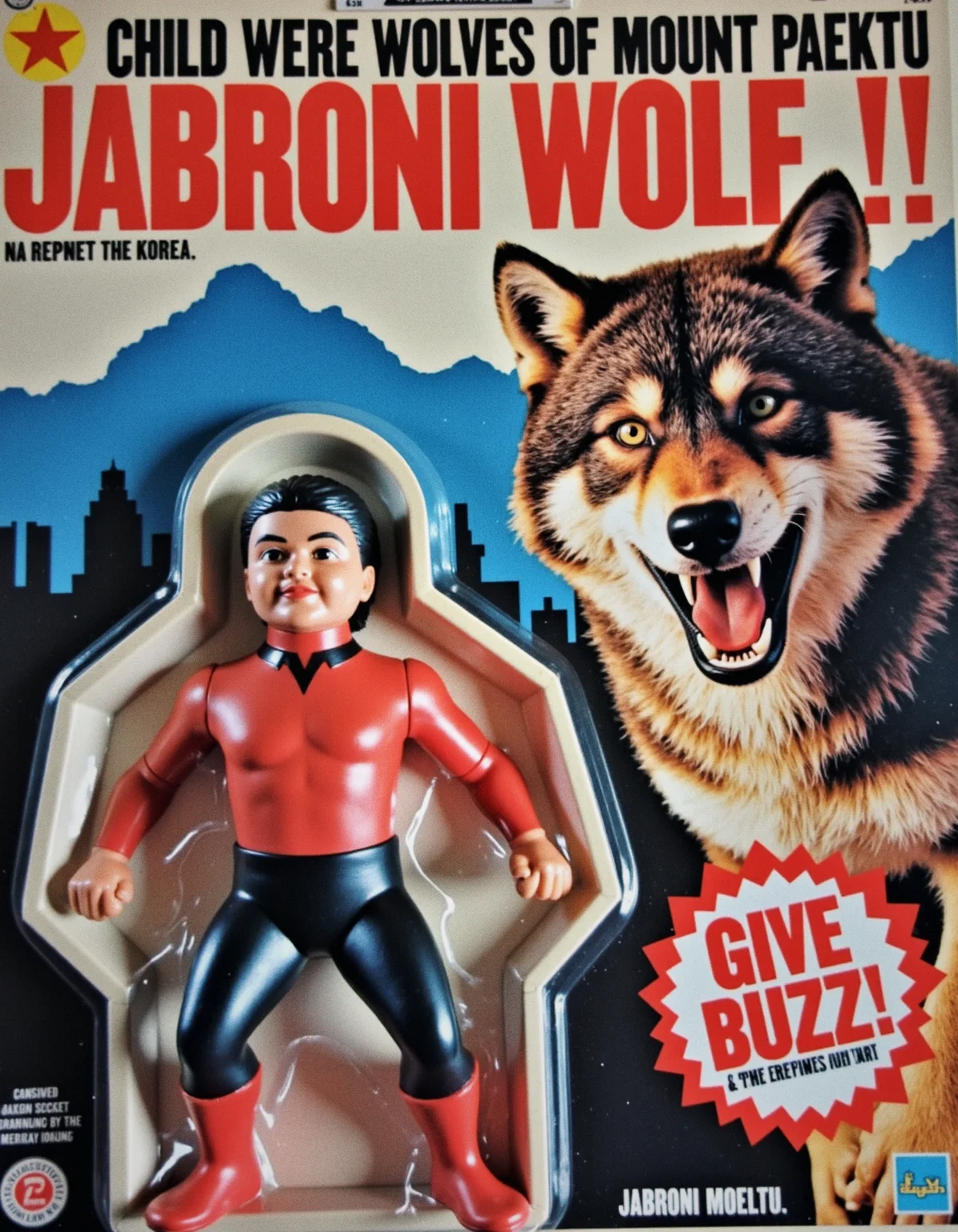 old color photo, North Korean Juche Socialist propaganda, an LJN Child Werewolves of Mount Paektu line big rubber tough figurine of furry lycanthrope wolf-kid JABRONI WOLF covered in matted hair, on a card with GIVE BUZZ., inspired by the workers, conceived by the Mount Paektu bloodline, analog, faded