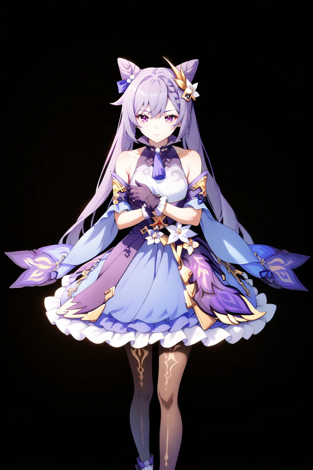 score_9, score_8_up, score_7_up, source_anime, best quality, masterpiece, 1girl, keqing, braid, cone hair bun, hair bun, hair ornament, long hair, purple eyes, purple hair, bare shoulders, black pantyhose, detached sleeves, dress, gloves <lora:[Arc System Works] Blazblue Centralfiction StoryArcade Scenes CG Art Style PonyXL:1> <lora:genshin-keqing-ponyxl-lora-nochekaiser:1>