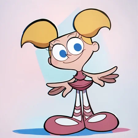 score_9, score_8_up, score_7_up BREAK DeeDeeDL, 1girl, blonde hair, pigtails, blue eyes, pink tutu, white tights, pink ballet shoes, smiling at viewer, solo, solo focus,