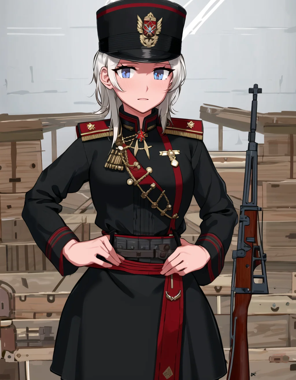 wargirls, 1girl, russian black hussar, historical uniform, masterpiece, best quality, very detailed, rifle, <lora:wargirls:1>, to8contrast style, <lora:theovercomer8sContrastFix_sd15:1>