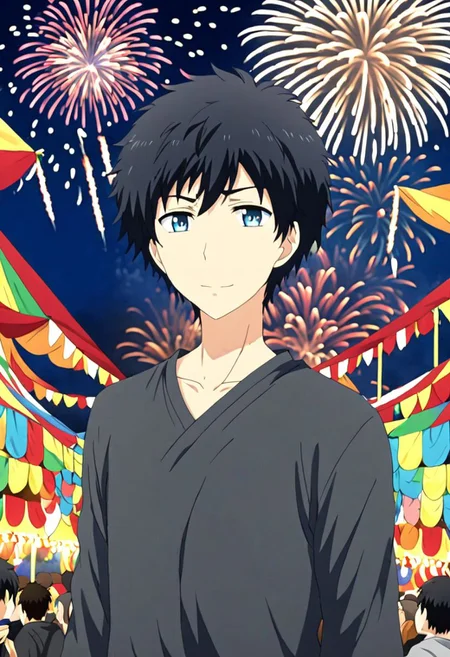 high resolution, solo, best quality, 1Boy, Arata Kaizaki, Black Hair, Blue Eyes, Festival, Date, Firework, OverallDetail
