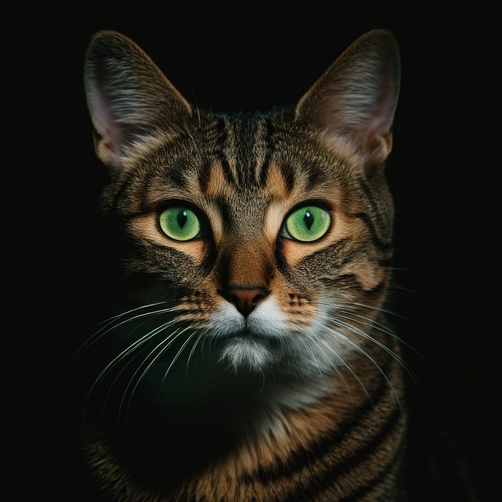 cinematic film still of  <lora:Low-key lighting Style:1>
dim light, low light, dramatic light, partially covered in shadow, a cat with green eyes looking at the camera Low-key lighting Style,solo,looking at viewer,simple background,closed mouth,yellow eyes,no humans,animal,cat,black background,close-up,realistic,animal focus,whiskers, shallow depth of field, vignette, highly detailed, high budget, bokeh, cinemascope, moody, epic, gorgeous, film grain, grainy
