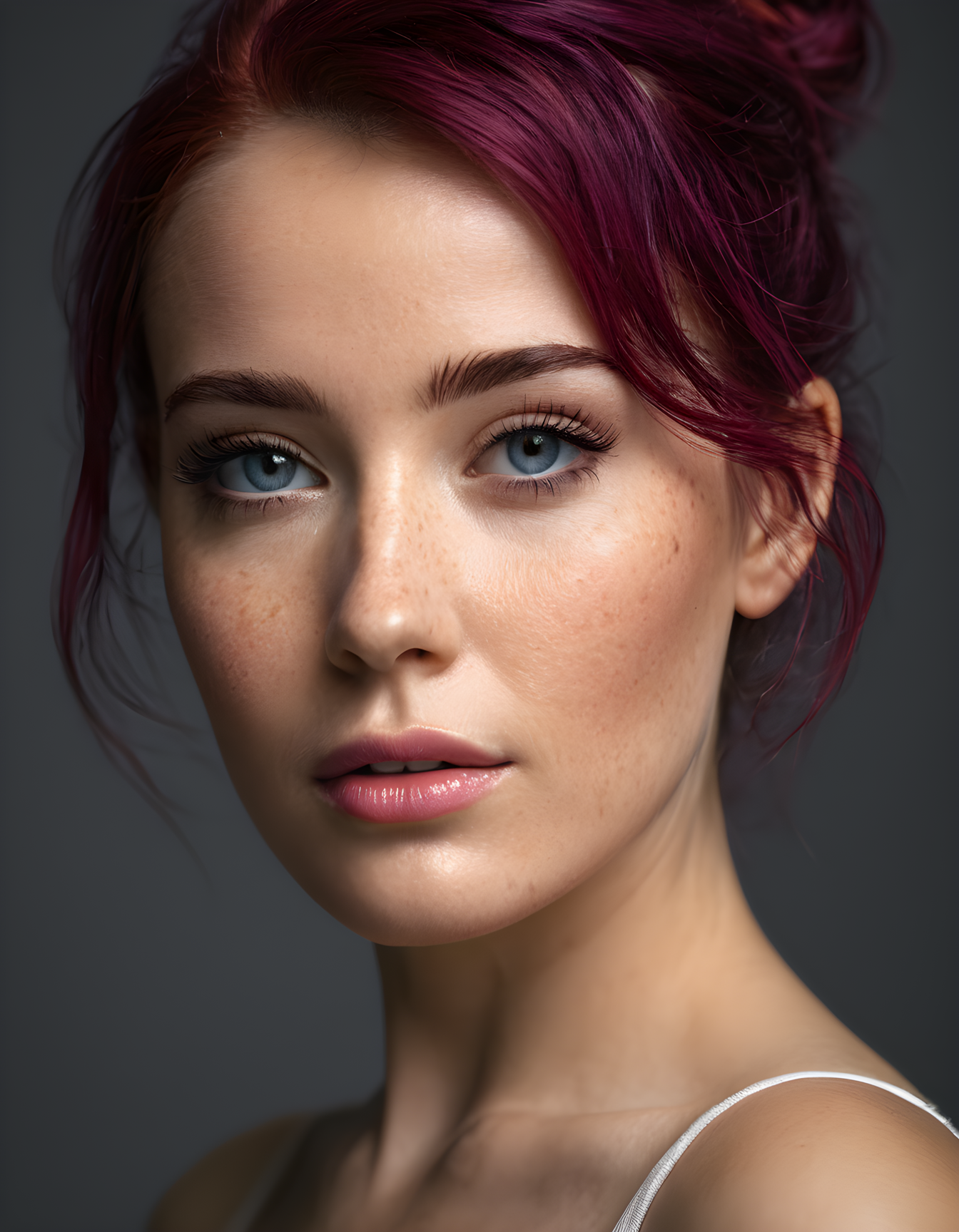 realistic skin texture, freckles, hasselblad H5D-50c, realistic photo of a beautiful woman with medium length magenta hair in a vintage used look yellow tank top, in the style of stefan kostic, realistic, half body shot, sharp focus, 8k high definition, insanely detailed, intricate, elegant, art by stanley lau and artgerm, extreme blur cherry blossoms background