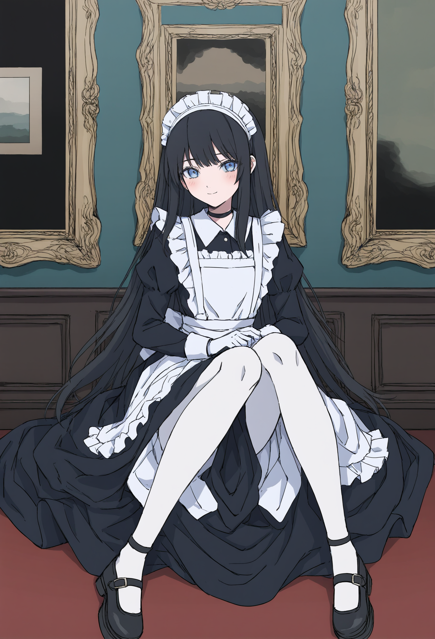 1girl, 
solo, maid, gloves, black footwear, apron, long hair, maid headdress, black hair, sitting, maid apron, looking at viewer, white gloves, dress, black dress, long sleeves, shoes, white pantyhose, painting \(object\), pantyhose, indoors, closed mouth, puffy sleeves, choker 
masterpiece, juliet sleeves, picture frame, mary janes, blush, white apron, frills, blue eyes, black choker, elbow glove, smile, full body, very long hair,
.
best quality, very aesthetic, absurdres
 <lora:hakuhiruoeoefornoob:0.95>