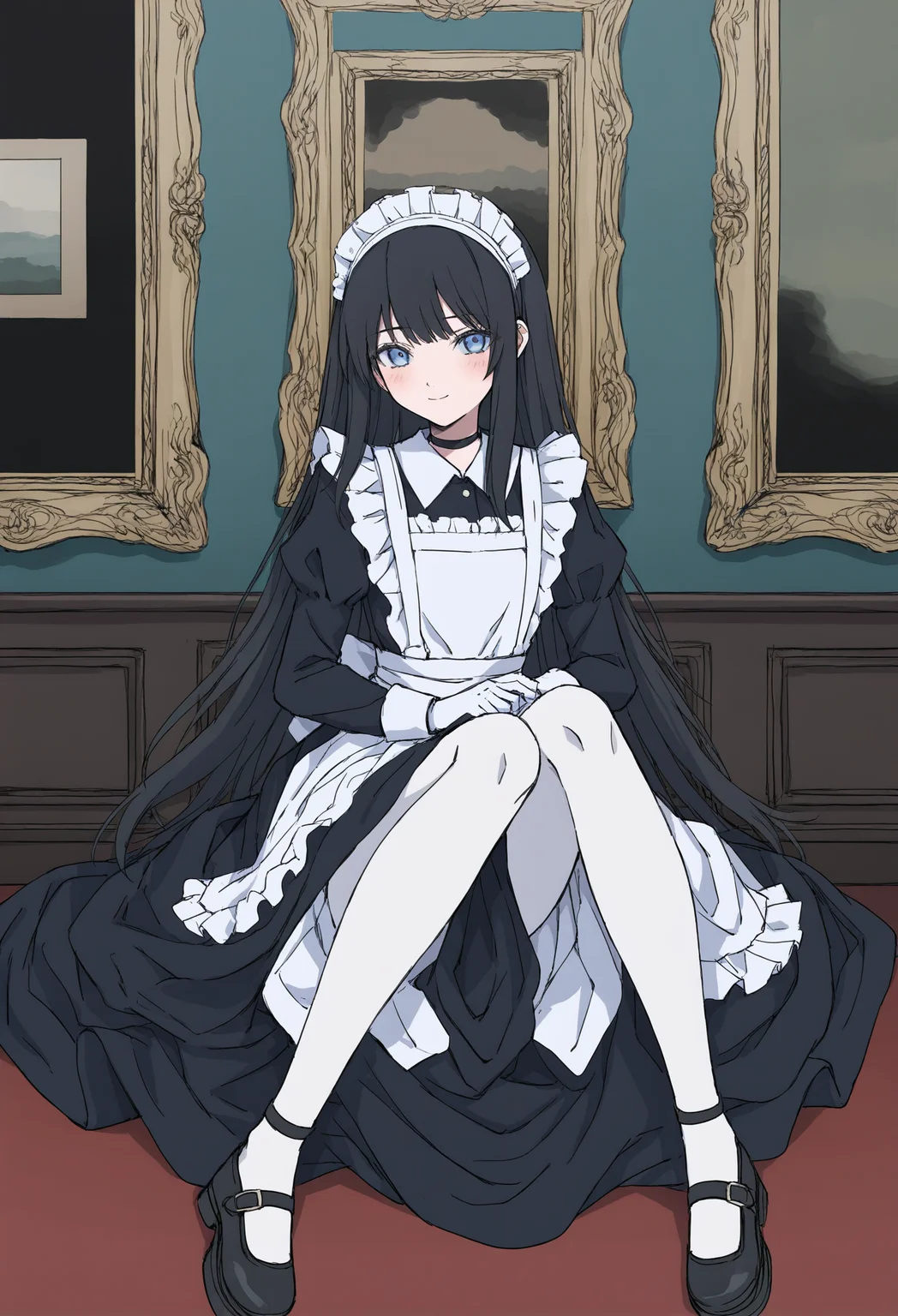 1girl,
solo, maid, gloves, black footwear, apron, long hair, maid headdress, black hair, sitting, maid apron, looking at viewer, white gloves, dress, black dress, long sleeves, shoes, white pantyhose, painting \(object\), pantyhose, indoors, closed mouth, puffy sleeves, choker
masterpiece, juliet sleeves, picture frame, mary janes, blush, white apron, frills, blue eyes, black choker, elbow glove, smile, full body, very long hair,
.
best quality, very aesthetic, absurdres
<lora:hakuhiruoeoefornoob:0.95>