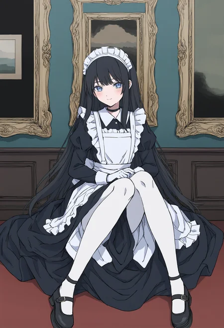 1girl,
solo, maid, gloves, black footwear, apron, long hair, maid headdress, black hair, sitting, maid apron, looking at viewer, white gloves, dress, black dress, long sleeves, shoes, white pantyhose, painting \(object\), pantyhose, indoors, closed mouth, puffy sleeves, choker
masterpiece, juliet sleeves, picture frame, mary janes, blush, white apron, frills, blue eyes, black choker, elbow glove, smile, full body, very long hair,
.
best quality, very aesthetic, absurdres
<lora:hakuhiruoeoefornoob:0.95>